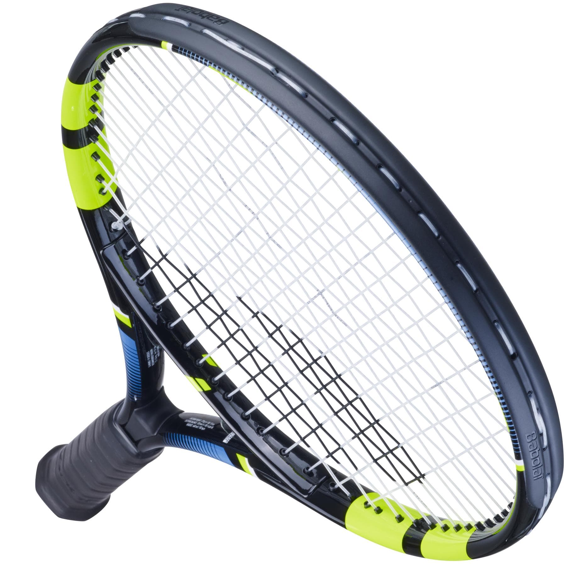 Close-up view of the Babolat Voltage Tennis Racket - Black / Yellow, showcasing a stylish black frame enhanced with vivid yellow details. Made from durable aluminium, the racket features tightly woven strings and a handle wrapped in black grip tape. The Babolat logo is discreetly displayed on the throat of the racket.