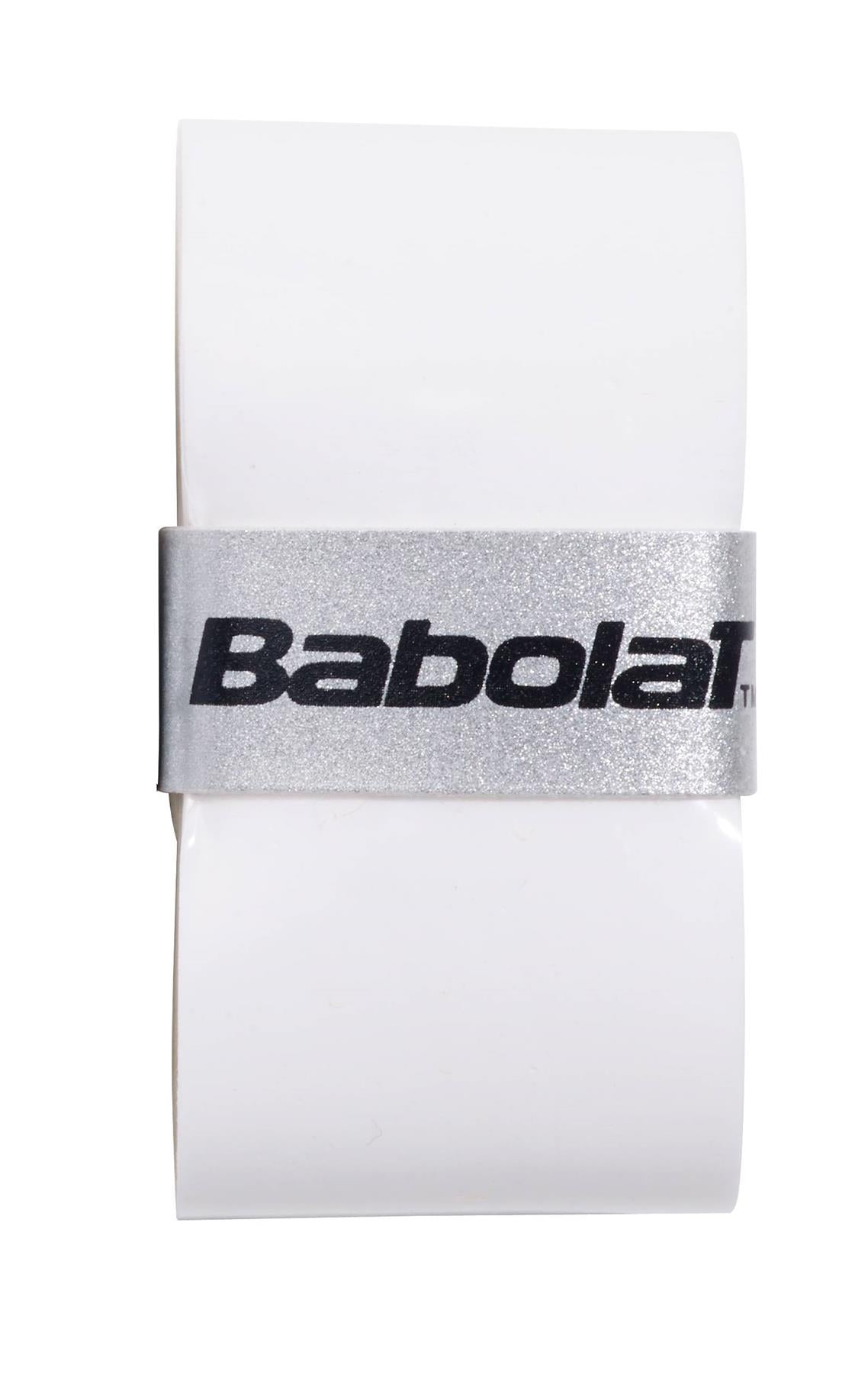 The Babolat Pro Tour 2.0 Comfort Tennis Overgrip 12 Pack, designed for advanced players, comes in a classic white color with a silver band highlighting the black Babolat logo. It delivers superior feel and feedback, ideal for players seeking accuracy and comfort on the court.