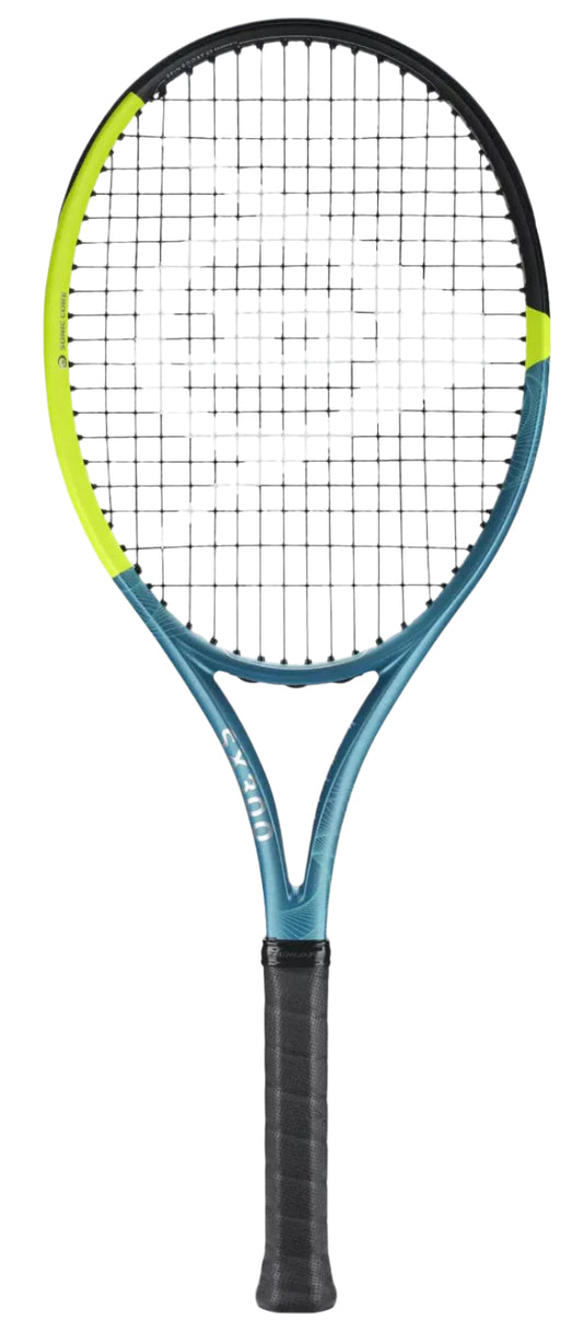 The Dunlop SX 300 2025 Tennis Racket features a stylish yellow, teal, and black frame with spin-boosting grommets and a unique white symbol on the strings.