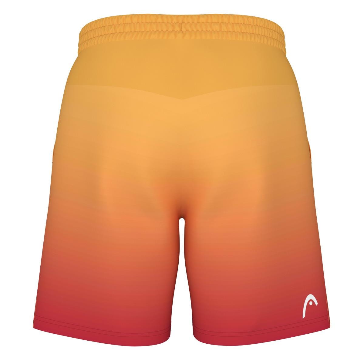 Product Description: These HEAD Vision Power II men's tennis shorts showcase a lively yellow-to-red gradient pattern on the reverse side. Made with 4-way stretch and Moisture Transfer Microfiber, they ensure exceptional comfort. The elastic waistband provides a snug fit, and the lower right side features a small white HEAD Vision Power II logo.