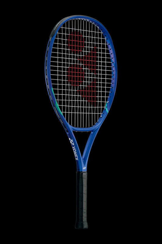 The Yonex EZONE 25 Junior Hybrid 2025 Tennis Racket in Blast Blue showcases a sleek design with a graphite hybrid frame, featuring white strings and a bold red logo against its elegant black background.