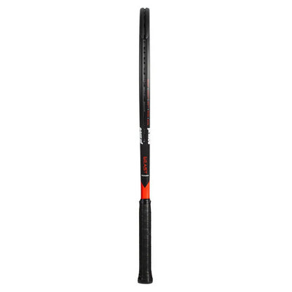 Side view of a Prince Beast Power 285g Tennis Racket in red and black, standing upright on a white background. The handle features a textured grip for power and control, with a slim, streamlined frame.