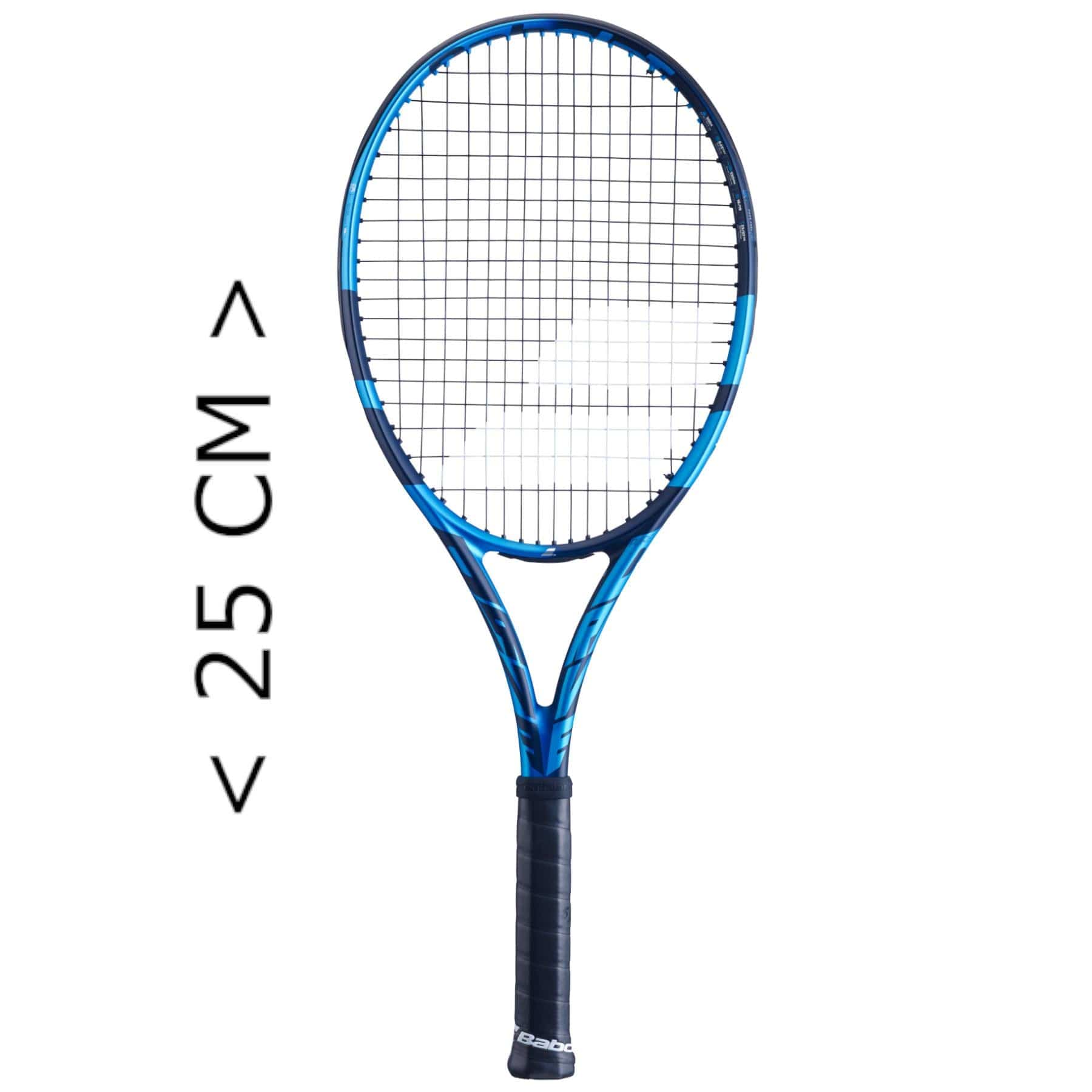 This Babolat Mini Pure Drive Tennis Racket is a blue and black mini racket, featuring a detailed grid pattern on the strings, making it a perfect 25 cm tennis trinket.