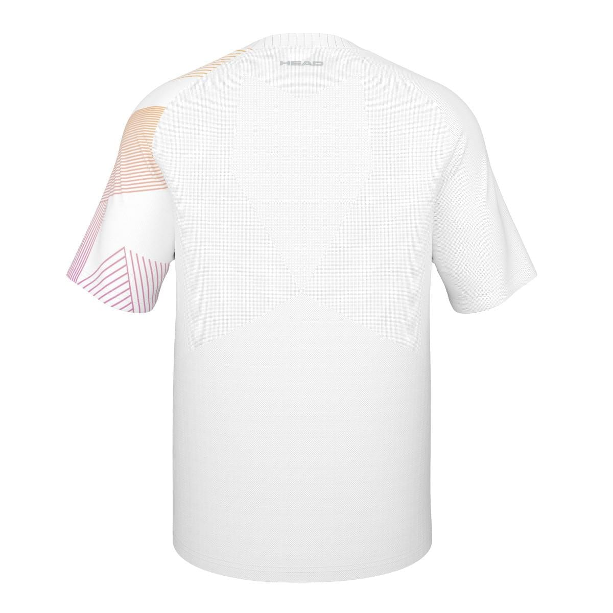 The image displays the back of the HEAD Perfomance Mens Melbourne Tennis T-Shirt in a white short-sleeve design. There are geometric patterns in shades of orange on one sleeve and shoulder. Designed for enhanced comfort, it includes Moisture Transfer Microfibre technology and features "HEAD" printed near the neckline.