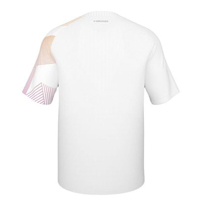 The image displays the back of the HEAD Perfomance Mens Melbourne Tennis T-Shirt in a white short-sleeve design. There are geometric patterns in shades of orange on one sleeve and shoulder. Designed for enhanced comfort, it includes Moisture Transfer Microfibre technology and features "HEAD" printed near the neckline.