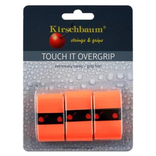 The Kirschbaum Touch It Tennis Overgrip 3 Pack - Orange comes in vibrant hues of orange and is neatly packed in a transparent plastic case. Highlighted with water droplet designs and the phrase "extremely tacky – grip feel," these overgrips are engineered to provide excellent absorption and durability for every match.