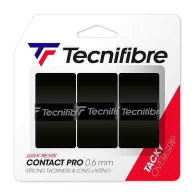 Tecnifibre's Contact Pro Tennis Overgrip - 3 Pack in Black boasts a thickness of 0.6 mm and exceptional stability. The packaging emphasizes features like "Wax Resin," "Strong Tackiness," and "Long Lasting" with an improved tacky effect, and includes three overgrips with red accents on the package design.