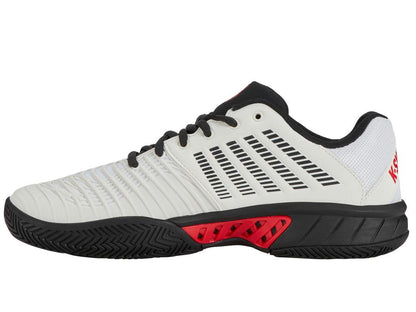 The K-Swiss Express Light 3 Shoes feature a bright white design with stretch limo black and high risk red accents, DuraWrap Flex for durability, black horizontal stripes, sleek black laces, and a matching sole. The brand name appears on the heel in red for enhanced on-court performance.