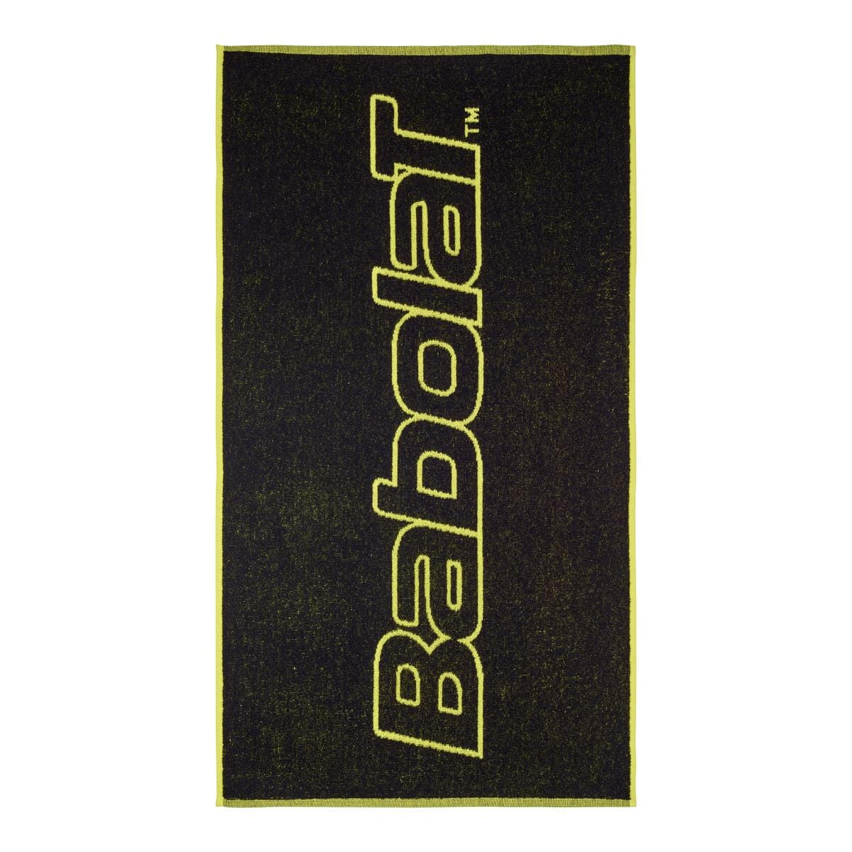 A rectangular sports towel made from soft terry material features the brand name "Babolat" printed vertically in large, bold letters. This Babolat Medium Towel - Black / Aero is an essential court accessory, showcasing a dark background with bright contrasting text for a stylish look.