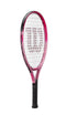 The Wilson Burn Pink 23 Junior Tennis Racket showcases a sleek pink and black design featuring a mesh string pattern, proudly displaying the emblematic Wilson logo on both the strings and handle. Its glossy frame is complemented by a black grip, offering an ideal lightweight option for young players.