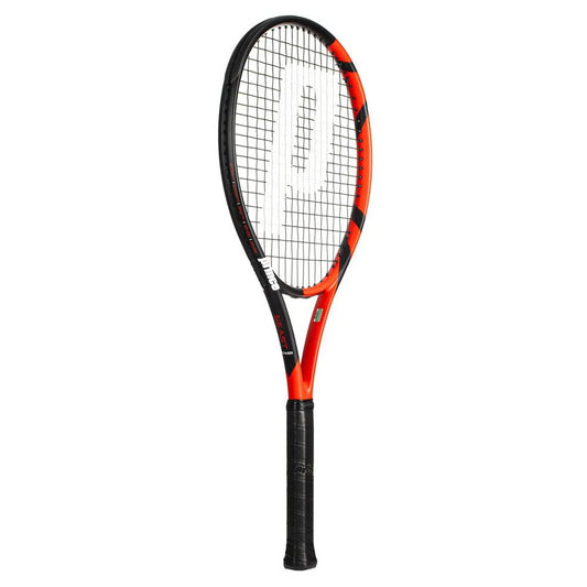 The Prince Beast Power 300g Tennis Racket by Prince boasts a sleek red and black graphite frame and an eye-catching white string pattern. The textured black handle grip adds comfort, while the frame features a bold white letter logo for added flair.