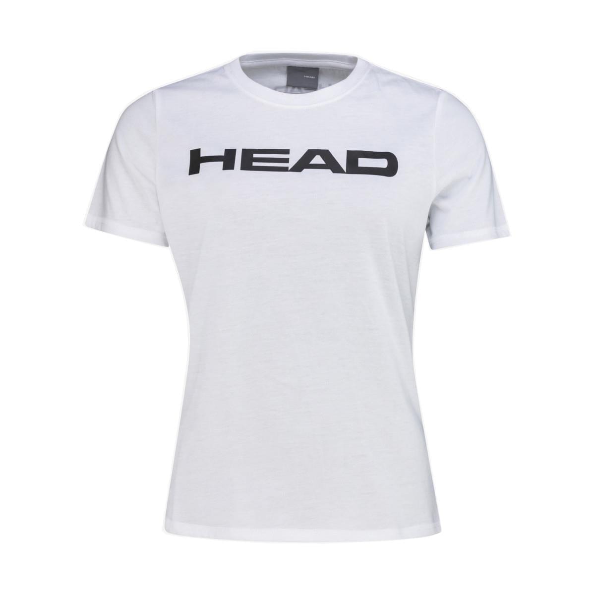 HEAD Womens Club Basic Tennis T-Shirt in white, showcasing the "HEAD" brand in bold black lettering across the chest. This polyester shirt boasts a classic round neckline and short sleeves, making it ideal for a sporty look.