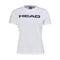 HEAD Womens Club Basic Tennis T-Shirt in white, showcasing the "HEAD" brand in bold black lettering across the chest. This polyester shirt boasts a classic round neckline and short sleeves, making it ideal for a sporty look.