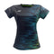 The Yonex YTL7 Women's Tennis T-Shirt - Shadow features a digital-style blue and green pattern on black, with a white Yonex logo on the top left. Made from moisture-wicking polyester, its lightweight fabric ensures breathability and has a round neckline.