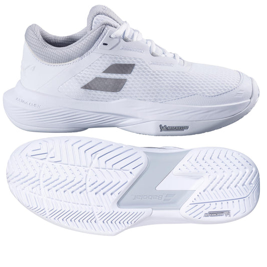 A pair of sleek, white athletic shoes with the Babolat SFX 4 All Court 2025 branding, featuring mesh details for ultimate comfort and a sophisticated tread pattern typical of high-quality tennis footwear.