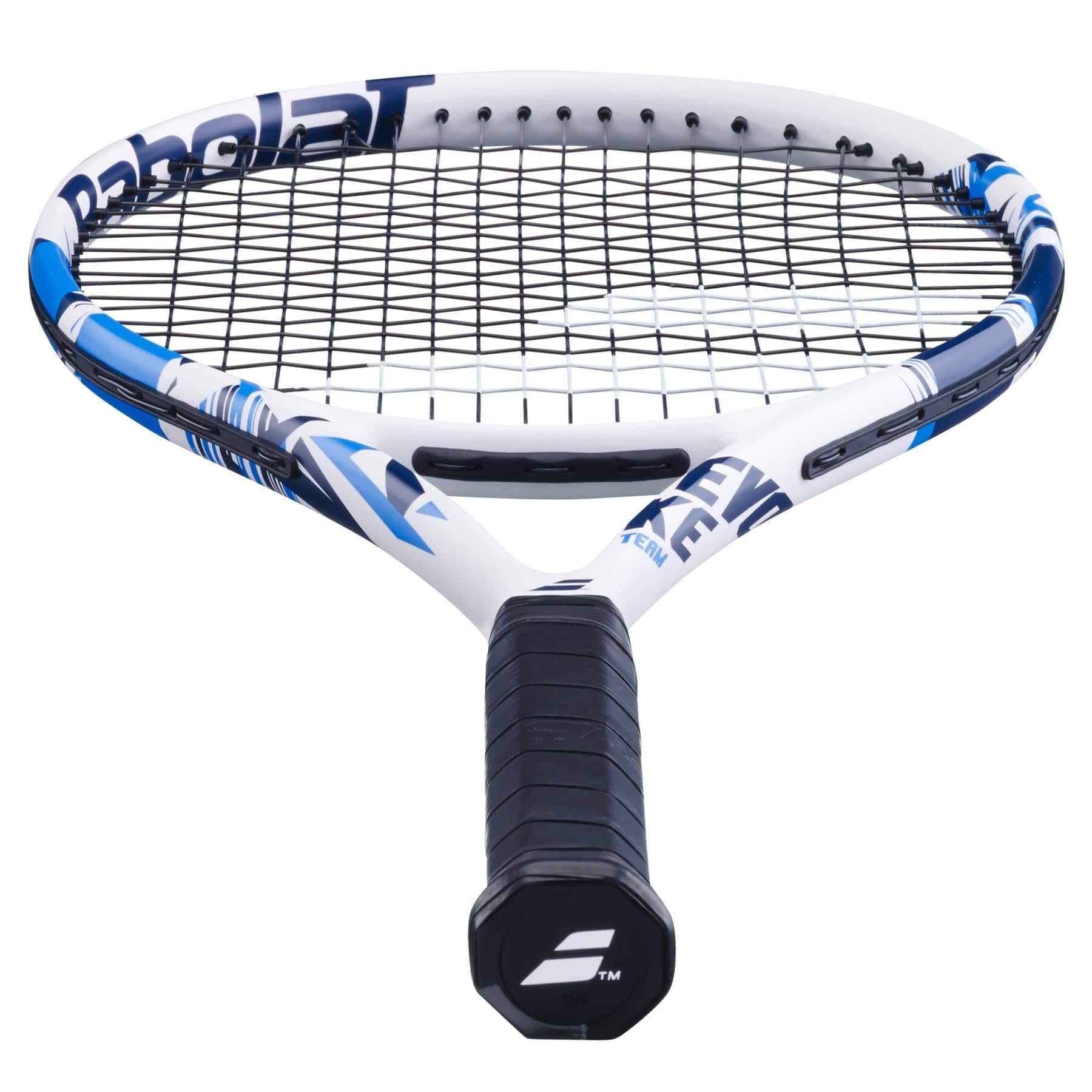 A close-up of the Babolat Evoke Team Tennis Racket - White showcases its white and blue frame, with a black grip enhancing the tightly strung strings, making it perfect for beginners. The brand name "Babolat" is prominently displayed on the frame.