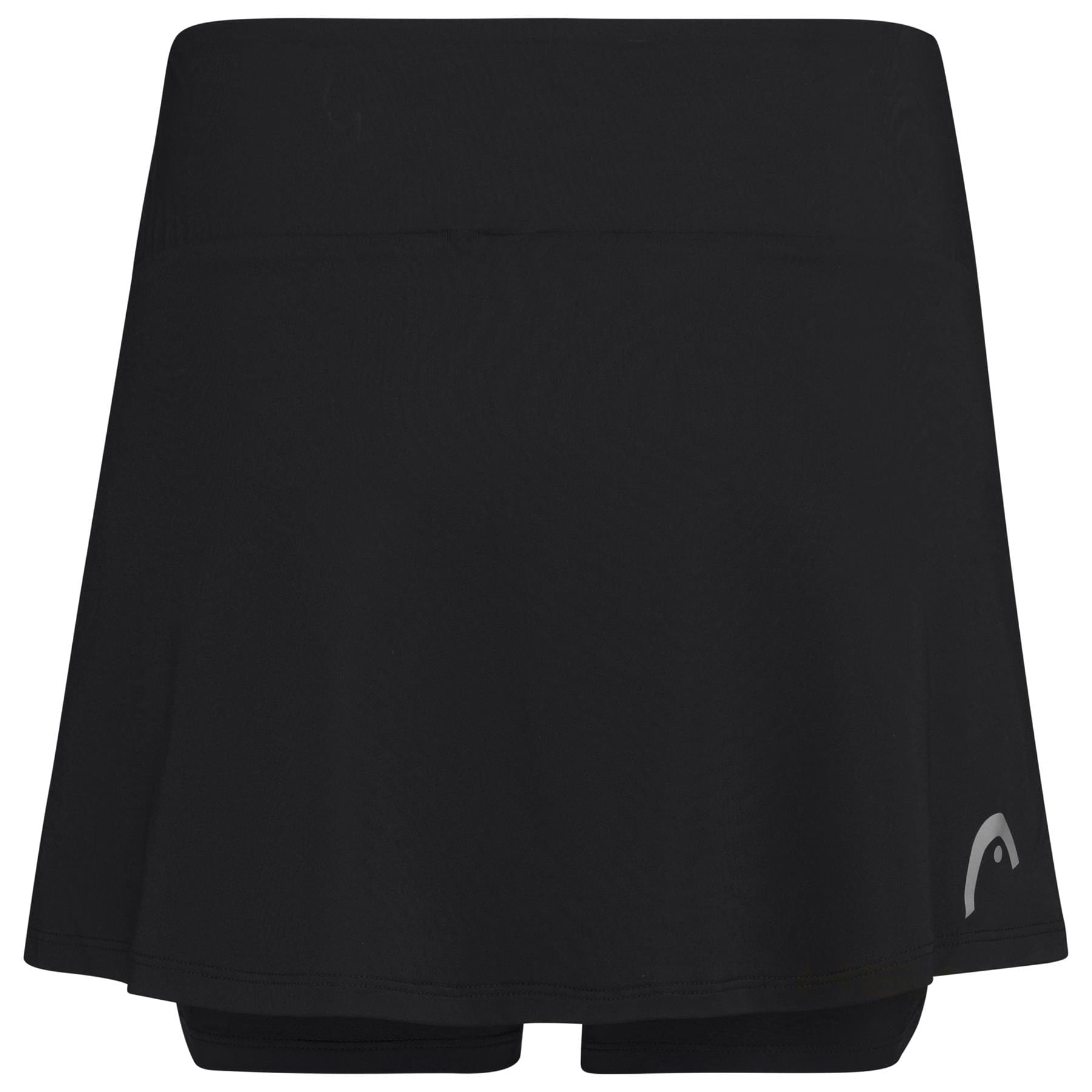 The HEAD Women's Club Basic Tennis Skort in black boasts an attached pair of shorts underneath and a small gray logo on the lower right side. Its straightforward and elegant design is improved with Moisture Transfer Microfiber technology, making it ideal for both sports and casual occasions.