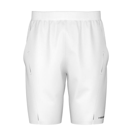 HEAD Performance Men's Tennis Shorts in white feature an elastic waistband and side pockets, with a subtle logo on the lower right leg. Crafted from moisture-transfer microfiber, the fabric is smooth and lightweight, providing 4-way stretch for optimal comfort and mobility.