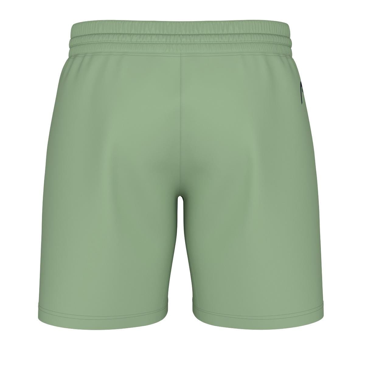 Introducing the HEAD Performance Men's Play Tennis Shorts in Celery Green. These athletic shorts, crafted by HEAD, feature an elastic waistband and are made from a smooth, slightly stretchy 4-way stretch material with Moisture Transfer Microfibre technology. Ideal for high-performance activities, they are displayed against a plain white background.