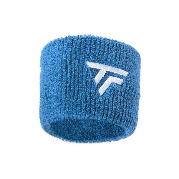 A Tecnifibre Tennis Wristband Sweatband 2 Pack in Azur showcases a blue textured design with an embroidered white "TF" logo. Crafted for athletic use, these wristbands are soft and stretchy.