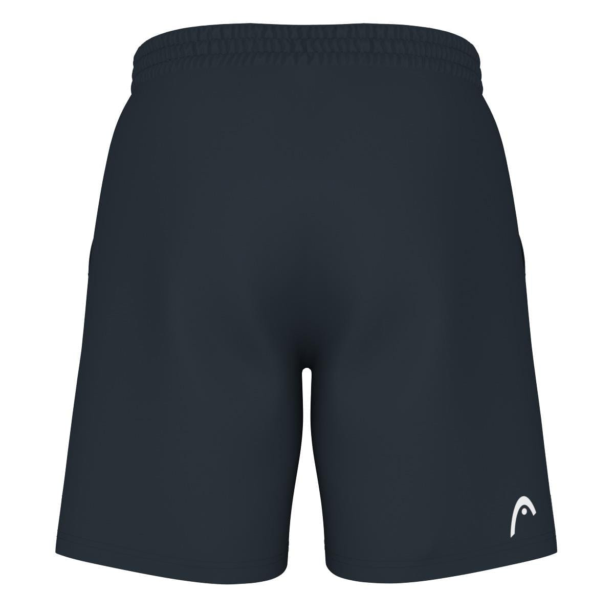 Navy HEAD Vision Power Men's Tennis Shorts with an elastic waistband, featuring a moisture transfer microfiber for comfort and a 4-way stretch fabric for ease of movement. A small white logo adorns the back left.