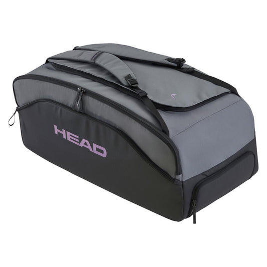 The HEAD Pro X Duffle Tennis Bag L from HEAD, in black and dark grey, is crafted from recycled PET bottles. It features several zippered compartments, adjustable shoulder straps, and CCT+ climate control tech to protect your gear, with "HEAD" printed in purple.