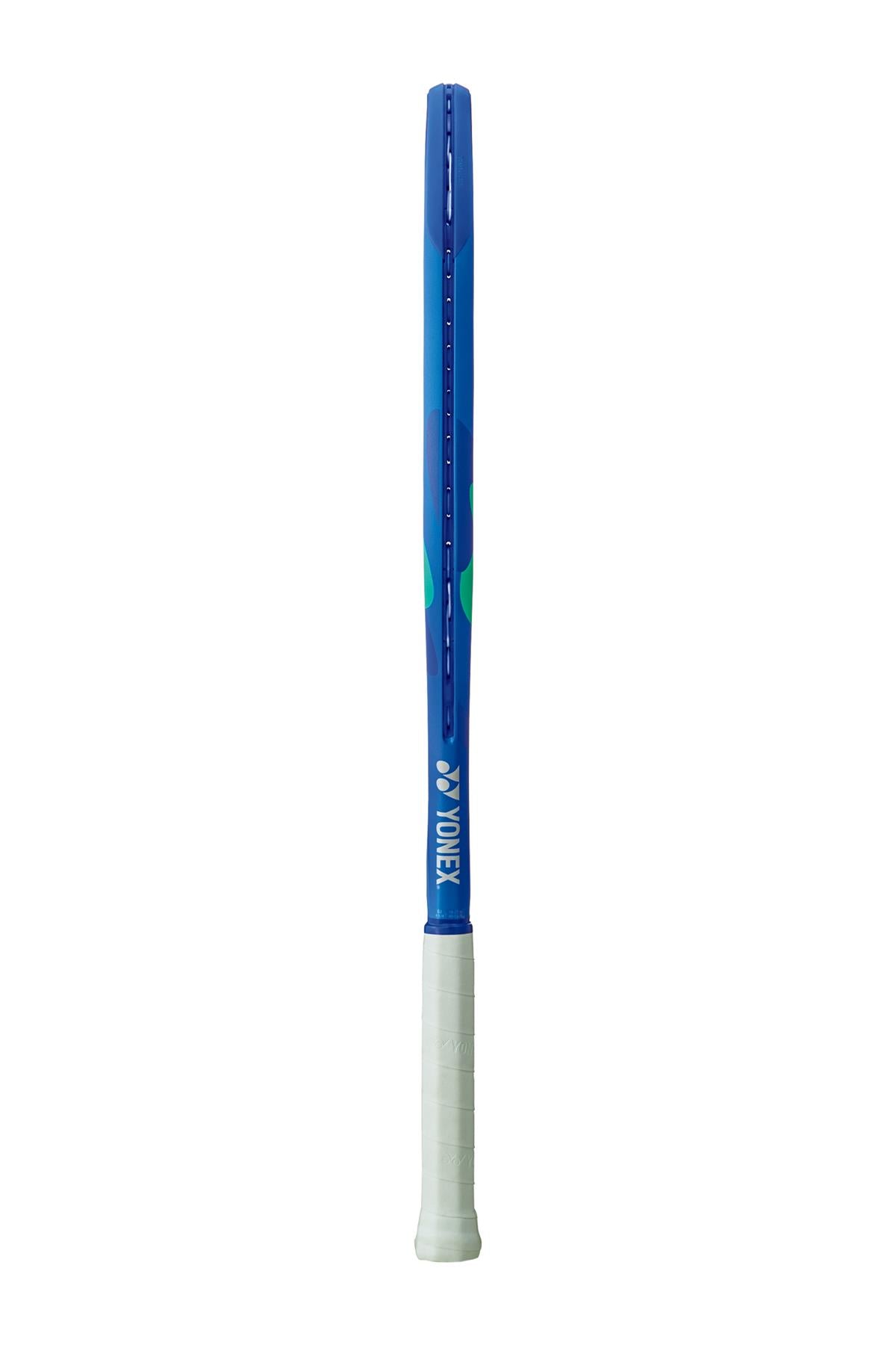 The Yonex EZONE 110 2025 Tennis Racket in Blast Blue, enhanced with 2G-Namd Speed technology, is shown standing upright with its white grip against a plain white background.