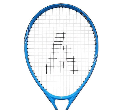 The Ashaway 23 Junior Tennis Racket - Blue, featuring a black geometric design on its white strings, boasts a glossy aluminium frame. This makes it an ideal piece of tennis equipment for kids.