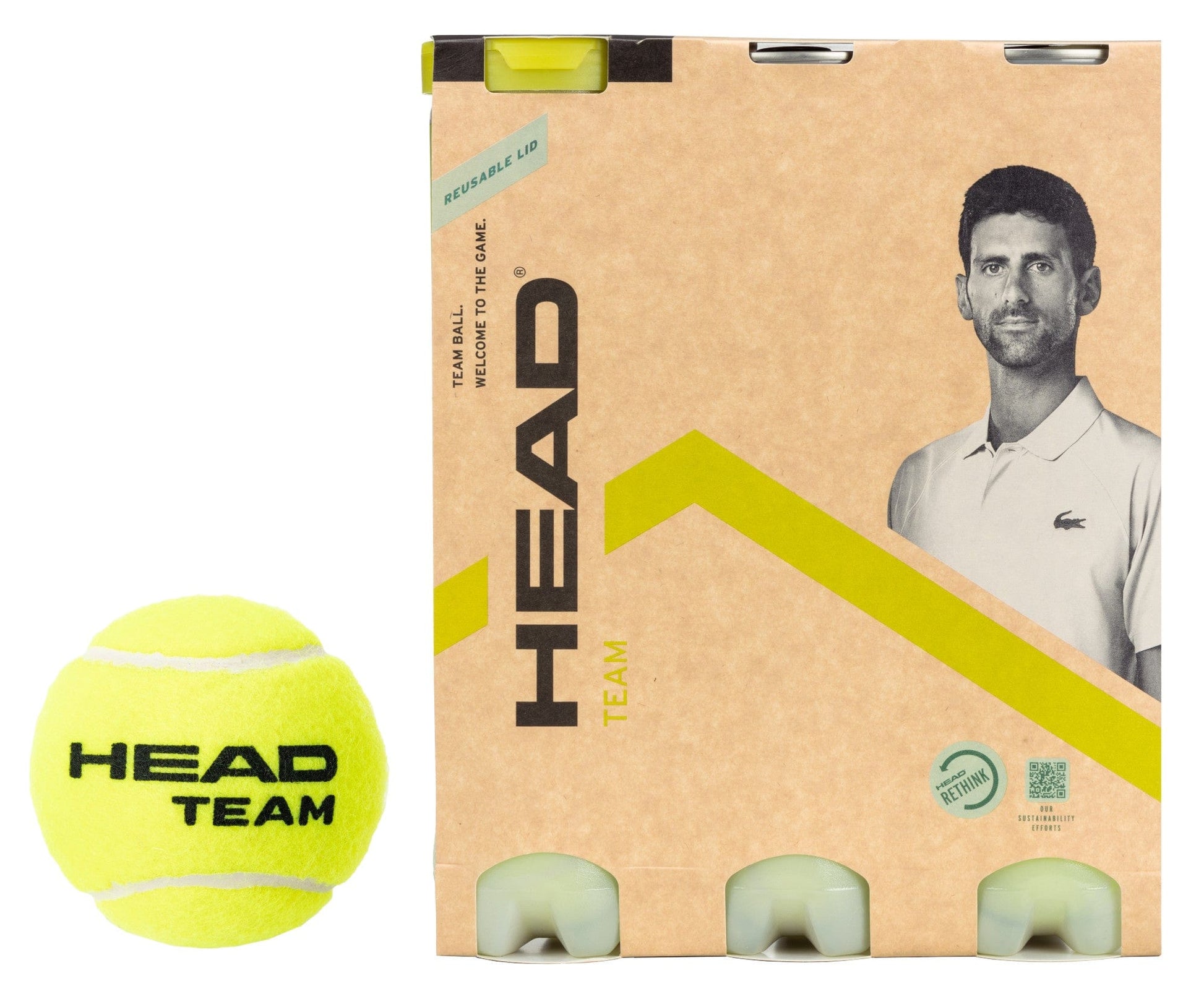 A sleeve from the HEAD Team Tennis Balls - 3 x 4 Ball Tube (1 Dozen) accompanies a lone yellow ball, both bearing identical labels. The packaging features a grayscale image of a man in a polo shirt with striking green diagonal lines, highlighting the sustainable packaging designed for your enjoyable time on the court.