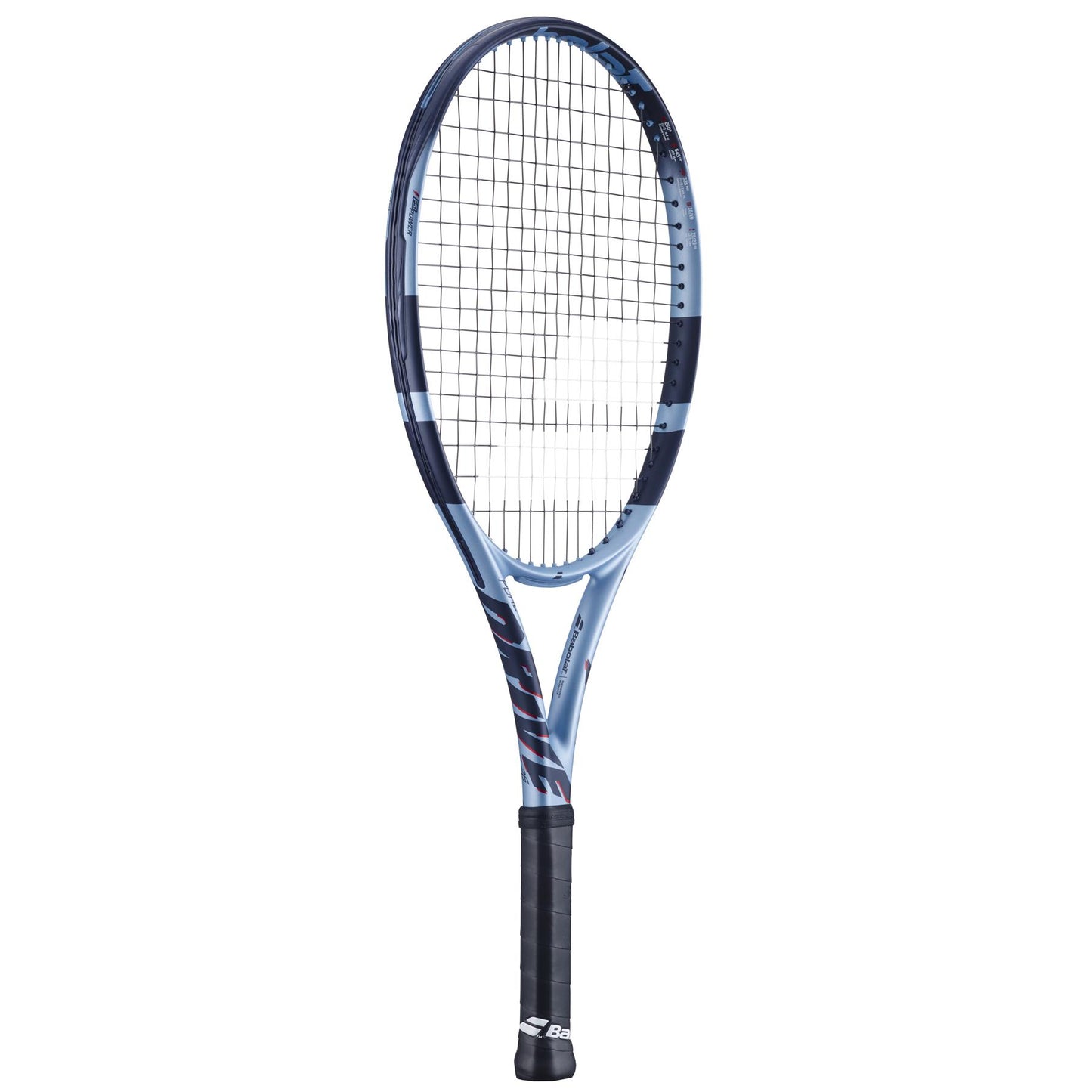 The Babolat Pure Drive Junior 26 Gen 11 Tennis Racket in dark blue is ideal for advanced young players. Against a white background, its sleek design inspires youthful champions on the court.