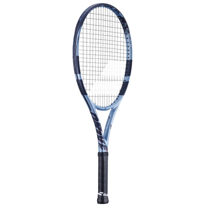 The Babolat Pure Drive Junior 26 Gen 11 Tennis Racket in dark blue is ideal for advanced young players. Against a white background, its sleek design inspires youthful champions on the court.