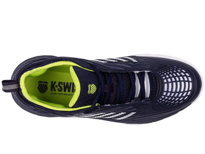 Top view of the K-Swiss Hypercourt Supreme 2, a peacoat and white tennis shoe accented with a lime interior. The tongue prominently displays the K-Swiss logo and brand name in black lettering. This Durawrap X design showcases textured details with white stripes and includes a convenient pull tab at the heel.