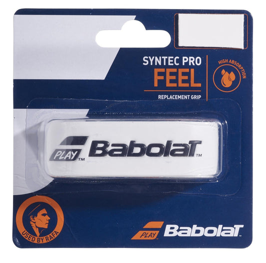 The packaging of the absorbent Babolat Syntec Pro X1 Replacement Tennis Grip is mainly blue and white with orange details. It prominently features the Babolat logo and mentions "Used by Rafa.