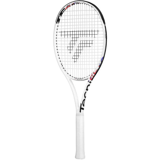 Introducing the Tecnifibre TF-40 315 16x19 Tennis Racket in a sleek white design, featuring black strings and logo designs on both the frame and strings. The handle comes wrapped in white grip tape, providing excellent spin-generating capabilities and maximum control to enhance your game.