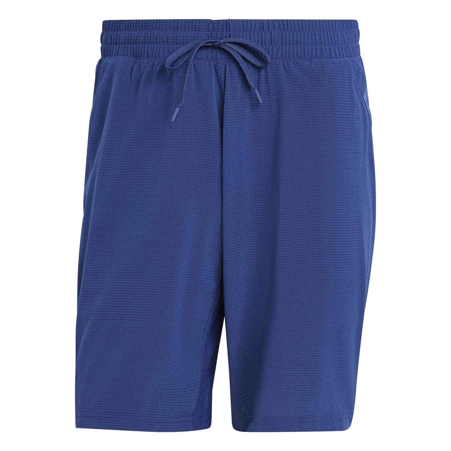 The ADIDAS Ergo Men's Tennis Shorts in navy feature an elastic waistband and drawstring, crafted from recycled, lightweight, breathable fabric—ideal for sports or casual wear. Front view.