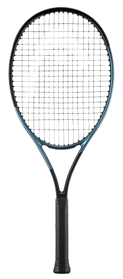 The HEAD Gravity Junior 2025 Tennis Racket in black, featuring Auxetic 2.0 Technology and a string grid with a dark grip, is set against a plain white background.