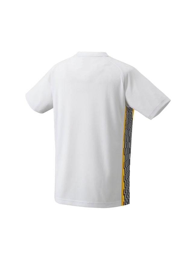 A Yonex 16738EX Lee Chong Wei LCW short-sleeve sports shirt in white, featuring yellow accents along the sides and a black and white geometric pattern on the side panels, provides UV reduction for enhanced sun protection.