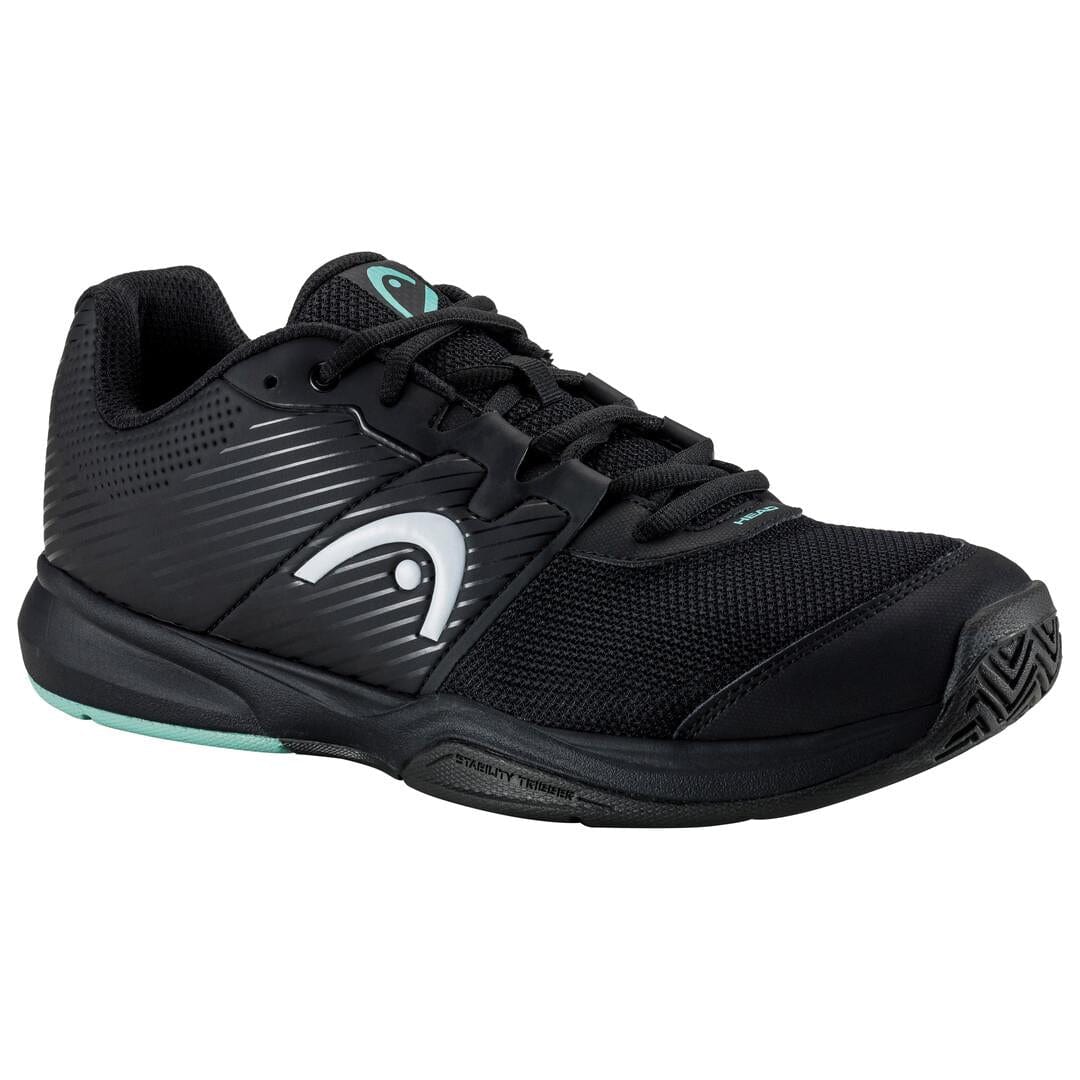 Introducing the **HEAD Revolt Court Men's Tennis Shoes** in black and teal. These athletic shoes feature a textured rubber sole with a striking teal accent on the heel and logo. Designed for lightweight comfort, they incorporate mesh and synthetic overlays to enhance breathability and support. The secure lace-up closure ensures a snug fit perfect for agile movements on the court.