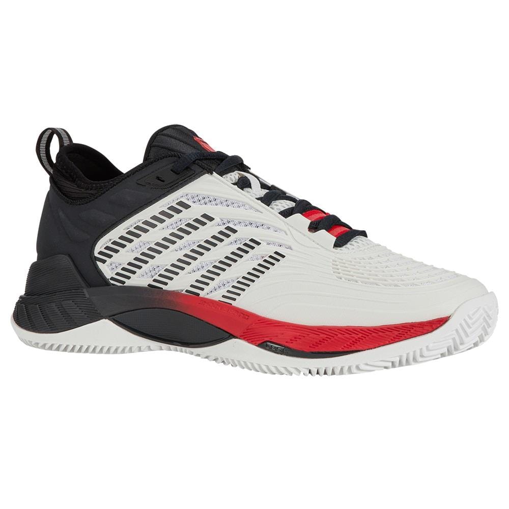 The K-Swiss Hypercourt Supreme 2 Men's Tennis Shoes are stylishly designed with a bright white upper, accented by stretch limo and high risk red touches. They feature a textured sole, low-top design, and lace-up closure. Durawrap X technology enhances durability, while the pull tab at the heel ensures easy wearing.