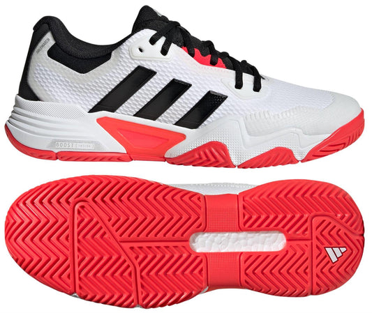 The ADIDAS Solematch Control 2 Mens Tennis Shoes in white, black, and red are shown with a side view highlighting their sporty design and iconic brand stripes, while the bottom view showcases a textured zigzag sole with BOOST cushioning for added comfort.