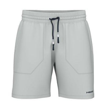 HEAD's Performance Men's Play Tennis Shorts in grey come with an elastic waistband and adjustable black drawstrings. Made from moisture-wicking microfibre material, these shorts provide excellent comfort with their 4-way stretch. They are designed with two front pockets and a small logo on the lower left leg for added style.