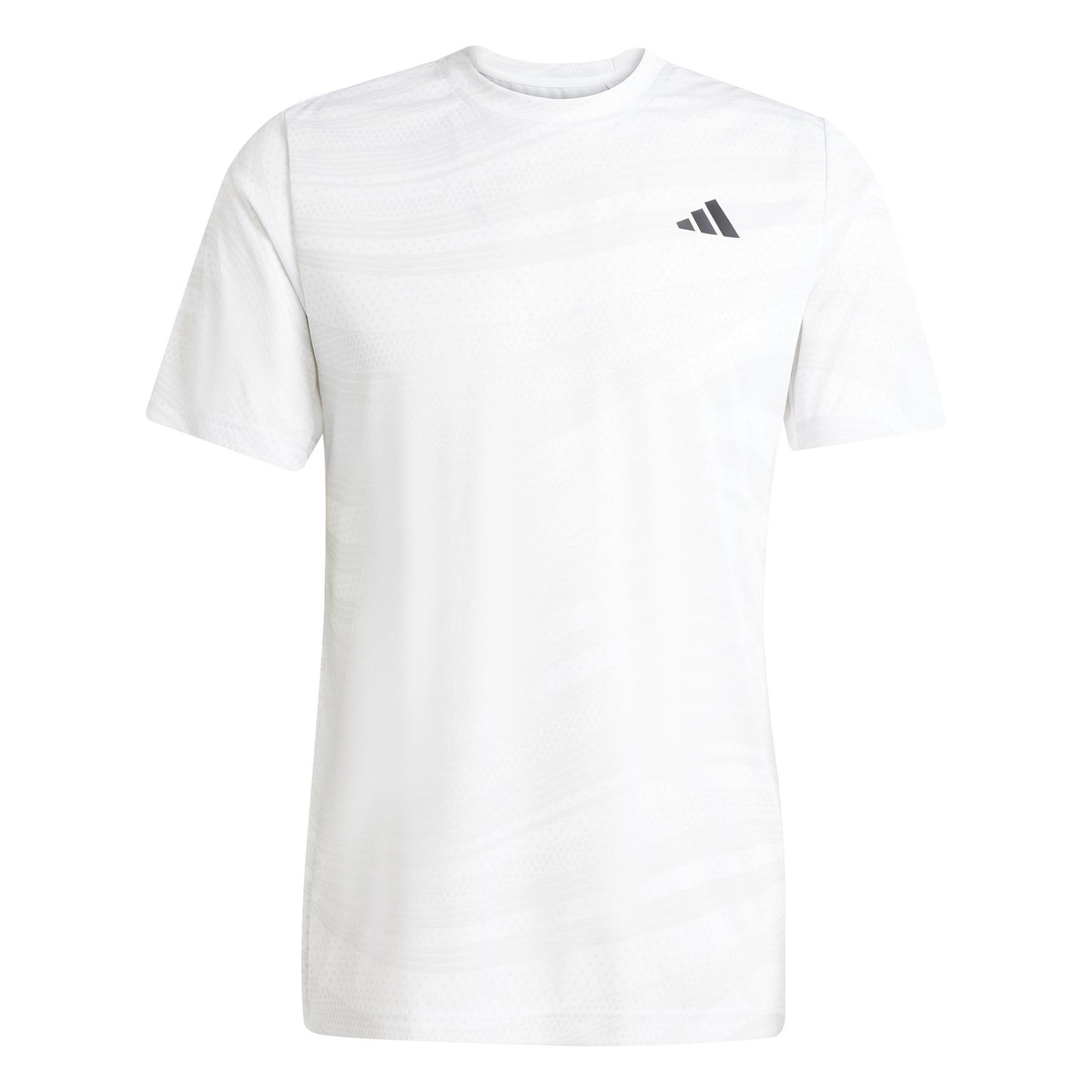 The ADIDAS Mens Club Graphic Tennis T-Shirt in White/Grey, crafted from recycled materials, features AEROREADY technology. This tee has a subtle pattern, a small black logo on the chest, short sleeves, and a crew neckline.