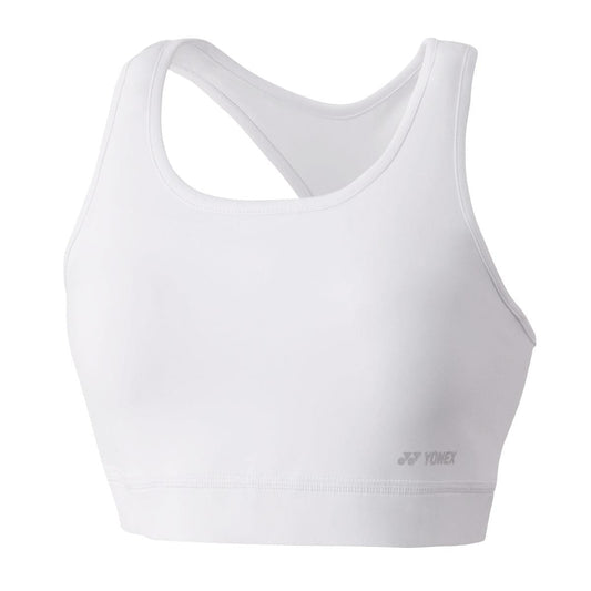 Introducing the Yonex 46045 Women's Tennis Sports Bra in white, featuring a stylish racerback design and the iconic Yonex logo on the front. It is equipped with VERYCOOL technology and UV Reduction for superior comfort and performance.