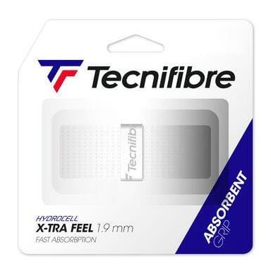 The Tecnifibre X-Tra Feel Replacement Tennis Grip - White features packaging that prominently displays the brand logo and text emphasizing "Hydrocell X-tra Feel 1.9 mm Fast Absorption," ensuring optimal stability. The grip's blue and white design highlights its promise of efficiently absorbing perspiration.