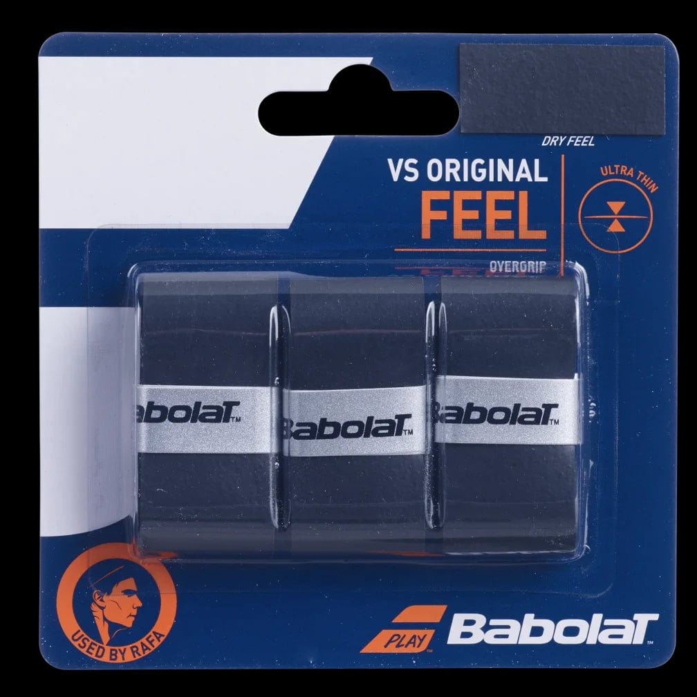 This set of Babolat VS Original X3 Tennis Overgrip in black comes with three overgrips. With features like "Dry Feel" and "Ultra Thin," it is designed to enhance comfort. The bottom left corner includes an image of a tennis player accompanied by the text "Used by Rafa.