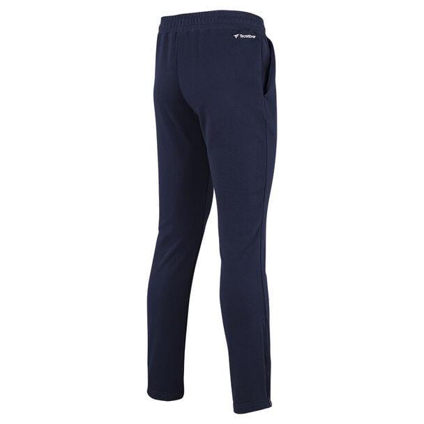 Viewed from the back, the Tecnifibre Unisex Team Tennis Pants in Marine feature an elastic waistband and side pockets. Made from polyester stretch material, these pants appear soft and comfortable, making them ideal for casual wear or sports activities. A small Tecnifibre logo is visible near the waistband.