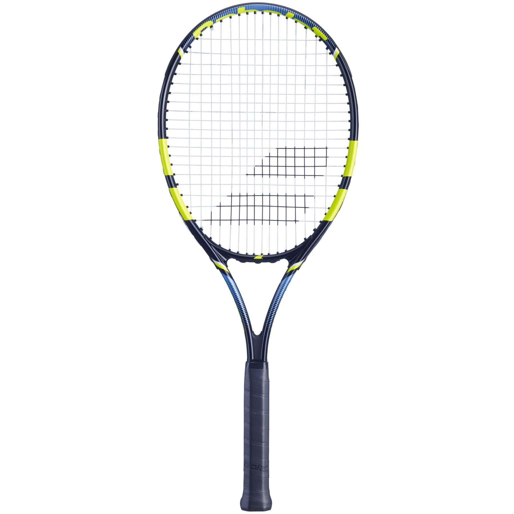 The Babolat Voltage Tennis Racket - Black / Yellow by Babolat features a black grip, with a blue and yellow frame complemented by white strings. Its durable aluminum construction enhances performance, while the design incorporates a small logo near the top and blends straight and curved lines for seamless powerful swings.