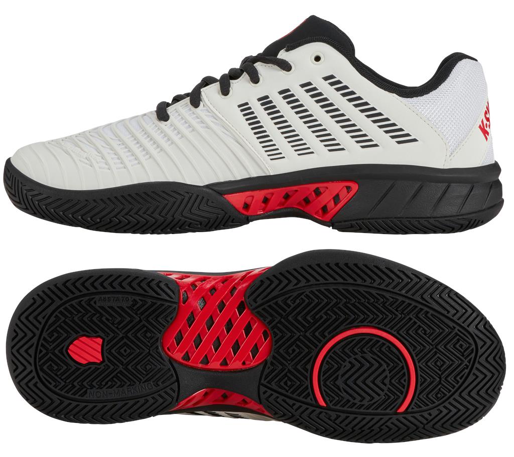 These K-Swiss Express Light 3 tennis shoes feature a bright white upper with stretch limo and high risk red accents, durable black soles, DuraWrap Flex for durability, black laces, ventilation slits for comfort, a red logo on the side, and a patterned tread for excellent grip.