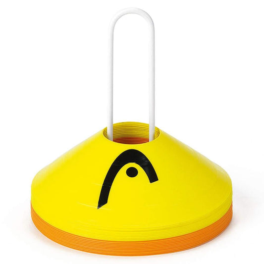 A set of vibrant HEAD Dome Training Cones featuring yellow and orange sections is topped with a black arrow-like logo, designed for agility training. These cones are conveniently threaded onto a metal holder equipped with a handle for effortless transport.