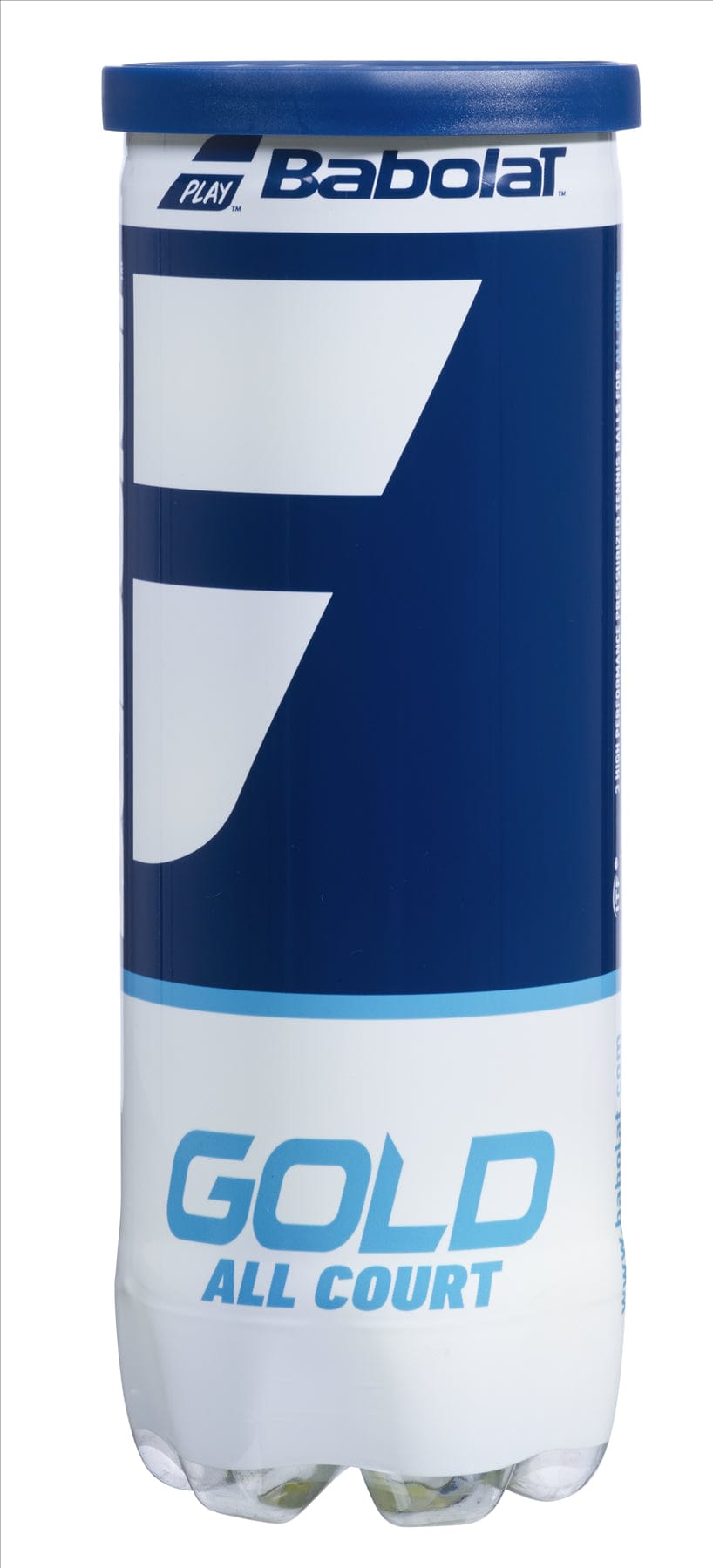 A tube of Babolat EVO Gold All Court Tennis Balls (3 Ball Tube) showcases a blue and white design adorned with the Babolat logo, delivering enhanced durability through its pressurized construction for consistent performance on any court.